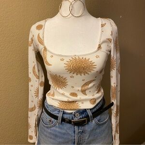 Forever 21 Cream and Brown Celestial Print Long Sleeve Top